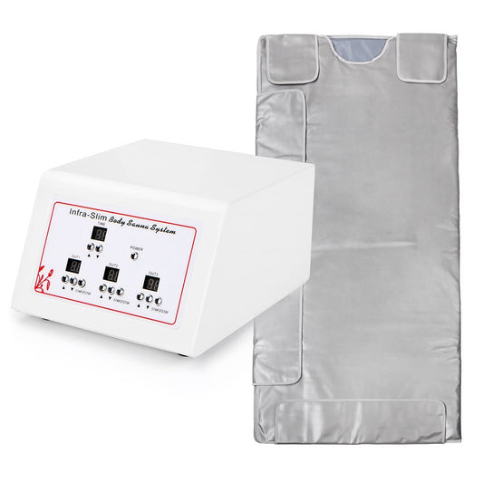 Gray infrared sauna blanket with pocket panels beside the control unit