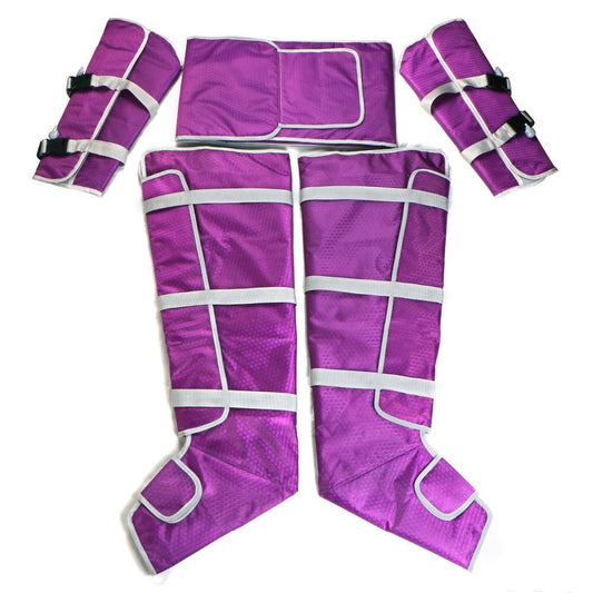 Purple pressotherapy body suit with white straps and adjustable closures