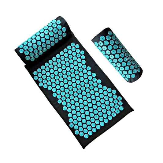 Acupressure mat and head pillow set with black base and teal circle spikes