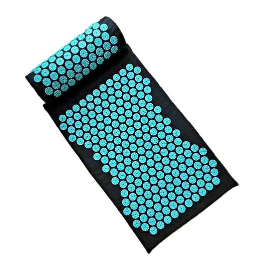 Acupressure mat with black fabric and teal circular spike pattern
