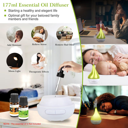 Green drop-shaped aroma diffuser humidifier on tabletop, white base with front button