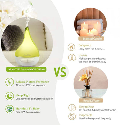 Green drop-shaped ultrasonic aroma diffuser humidifier on sofa, white base control button