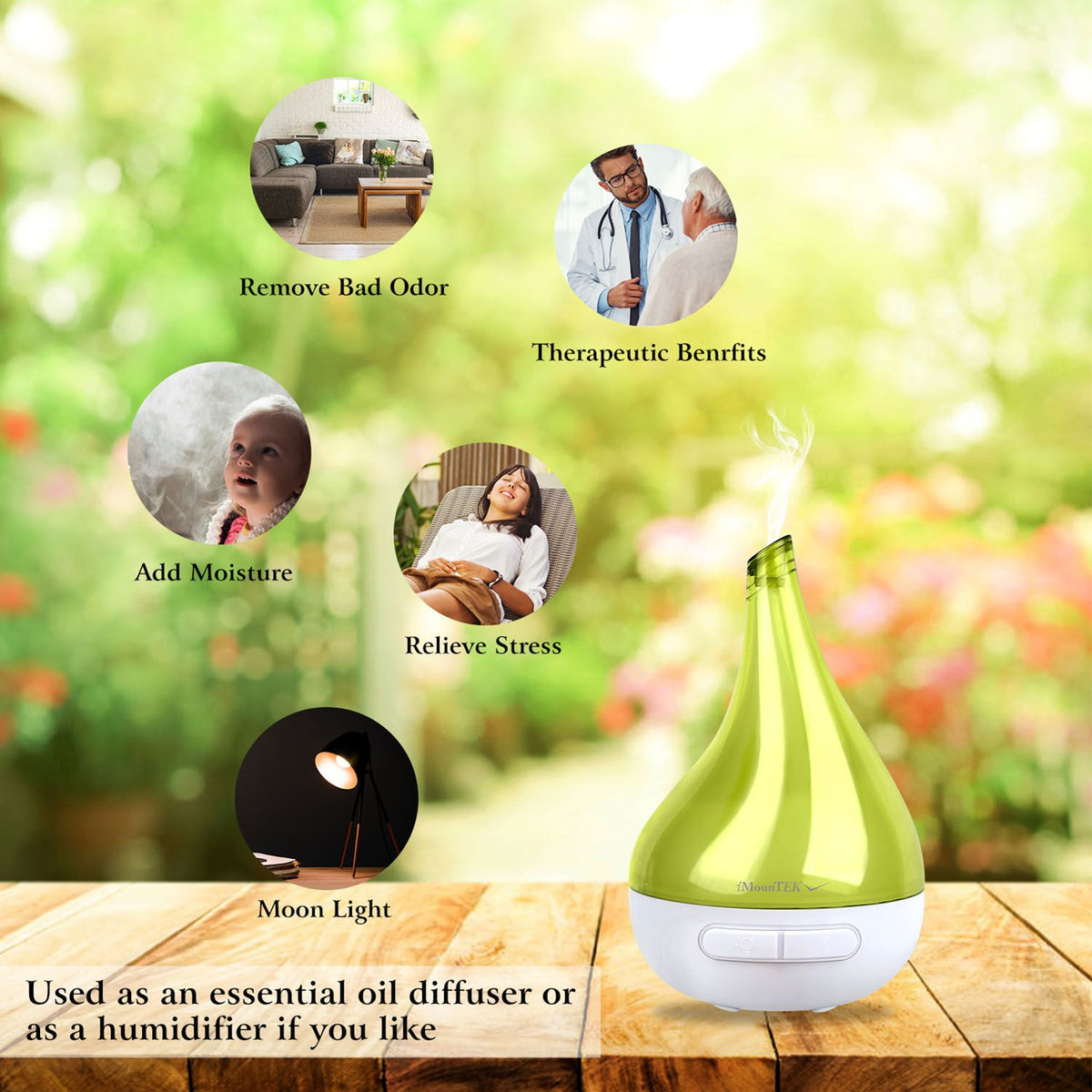 Green drop-shaped humidifier aroma diffuser with illuminated light, white base front button