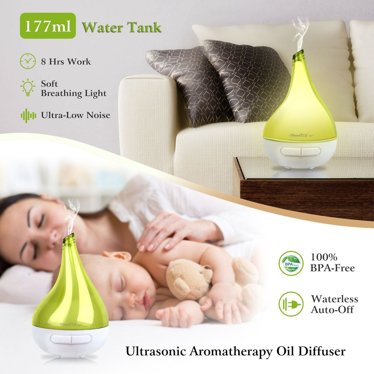 Green drop-shaped ultrasonic aroma diffuser humidifier, white base with front button