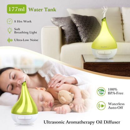 Green drop-shaped ultrasonic aroma diffuser humidifier, white base with front button