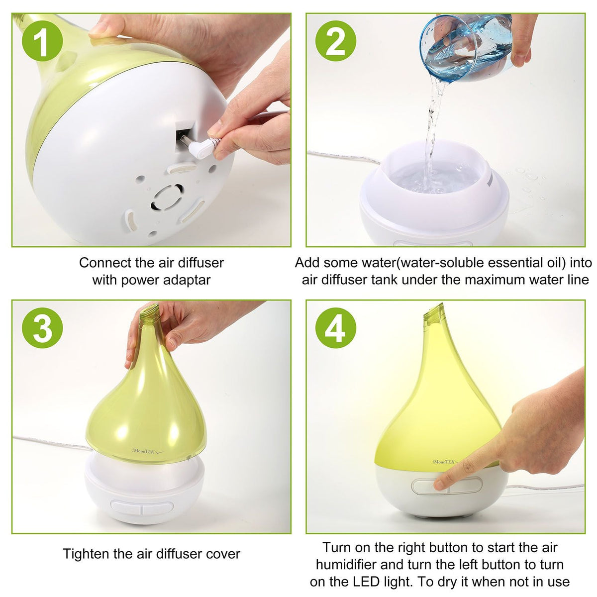 Green-and-white drop-shaped humidifier aroma diffuser, cover lifted to show inner area