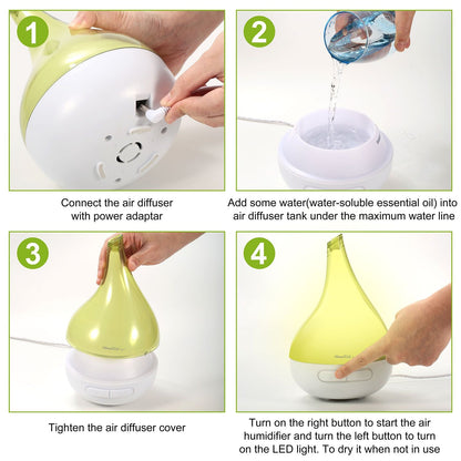 Green-and-white drop-shaped humidifier aroma diffuser, cover lifted to show inner area