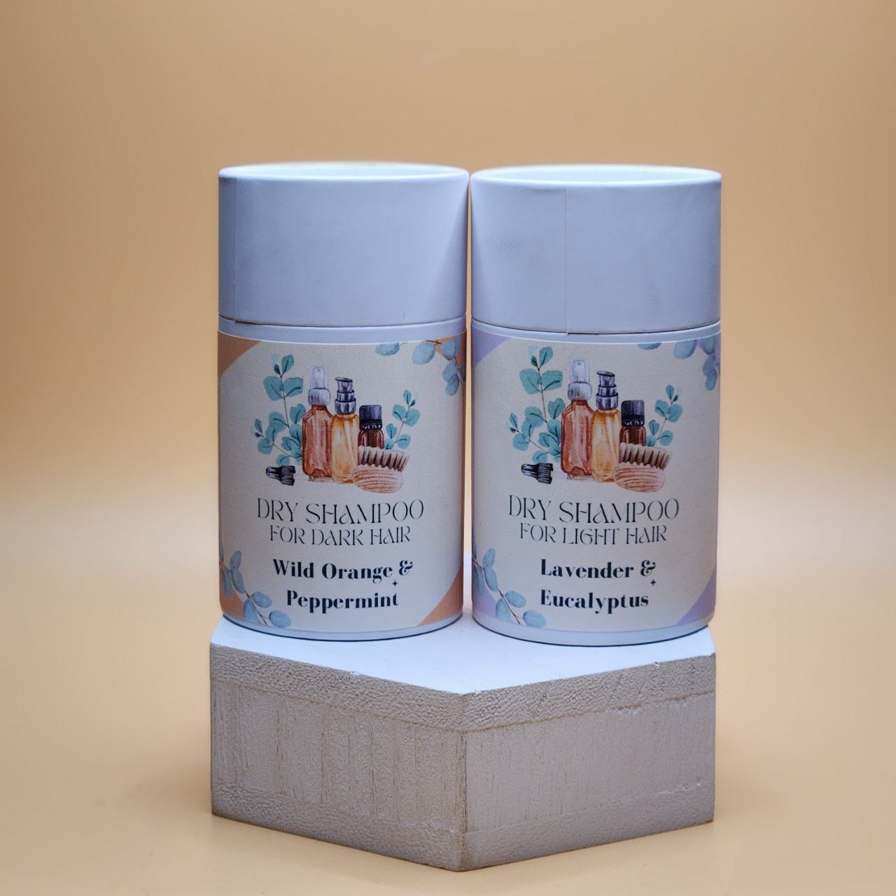 Dry shampoo powder twin pack: Wild Orange & Peppermint and Lavender & Eucalyptus for dark hair
