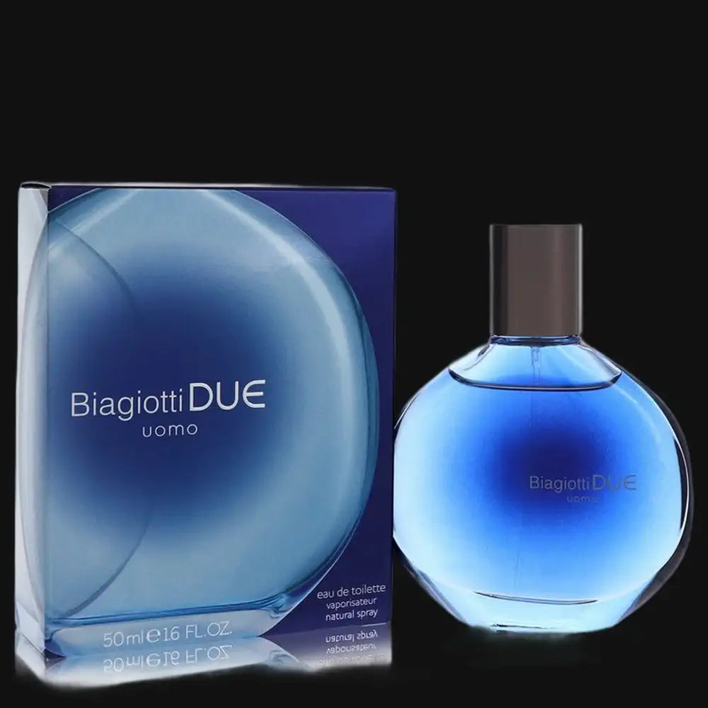 Blue men's cologne bottle with dark cap and matching BiagiottiDU box