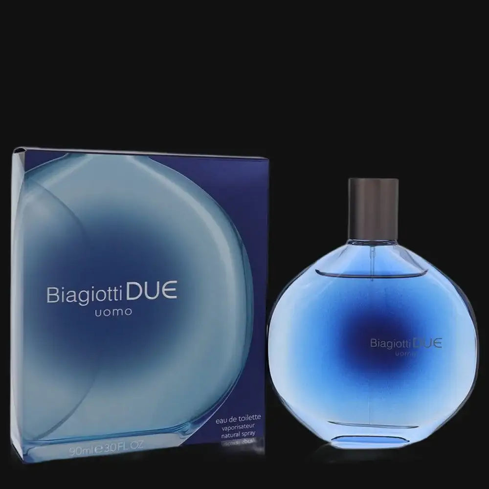 Blue men's cologne spray bottle with dark cap, shown beside box