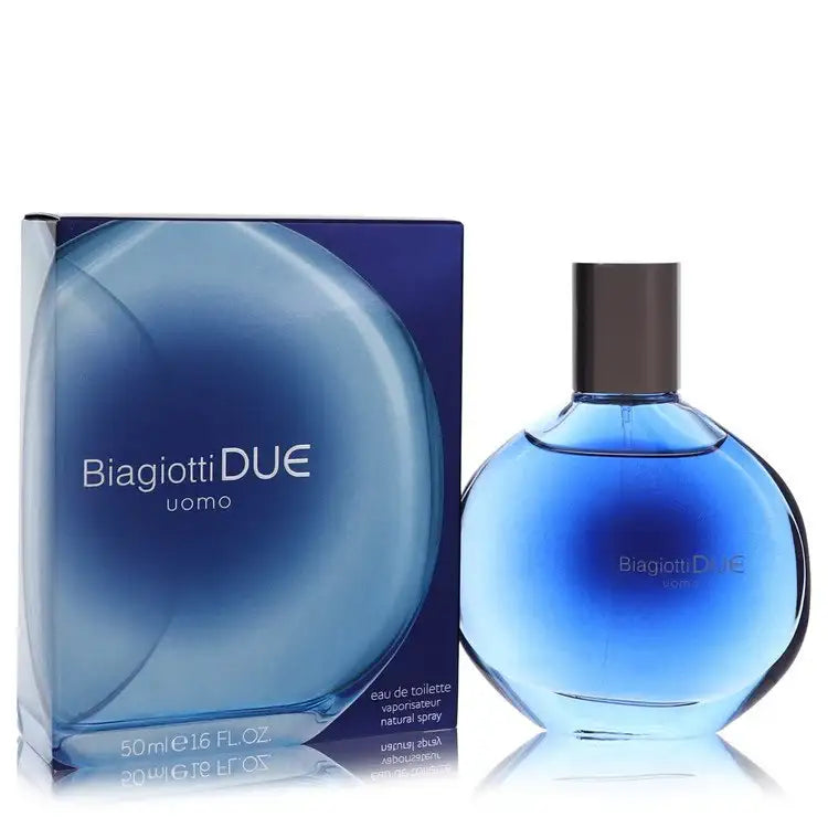 Blue glass cologne bottle with dark cap and BiagiottiDU packaging box