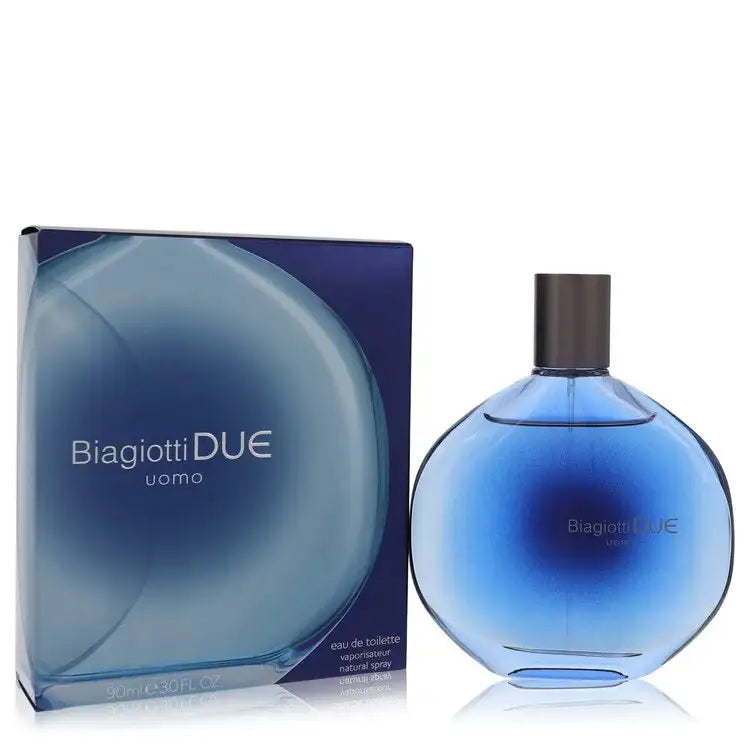 Blue cologne bottle and BiagiottiDU uomo box set, dark cap on bottle