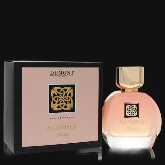 Women’s eau de parfum bottle in peach-pink glass with gold cap and Admira label