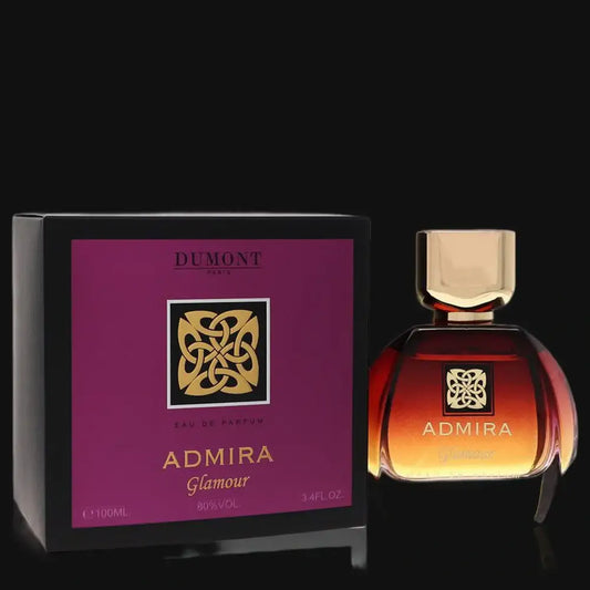 Women’s perfume set: red glass bottle with gold cap and purple box