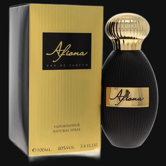 Afiona eau de parfum spray bottle with gold cap and matching box, 100ml