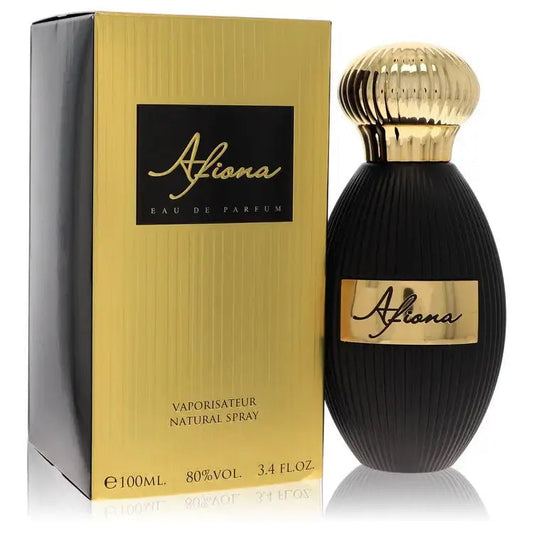 Afiona eau de parfum bottle with ribbed black body and gold cap, with box