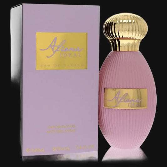 Women’s perfume bottle with gold cap, pink ribbed glass, and lavender box