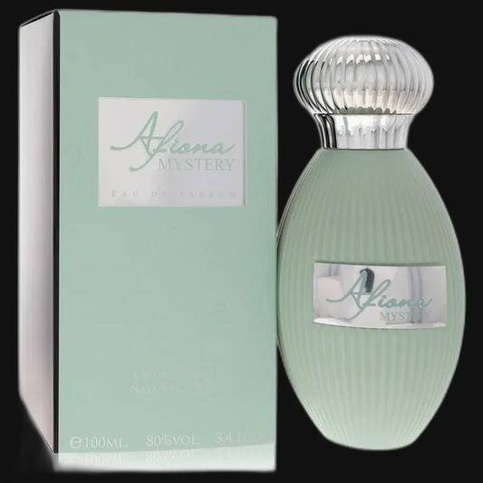 Women’s eau de parfum bottle with ribbed glass and silver cap, with box.