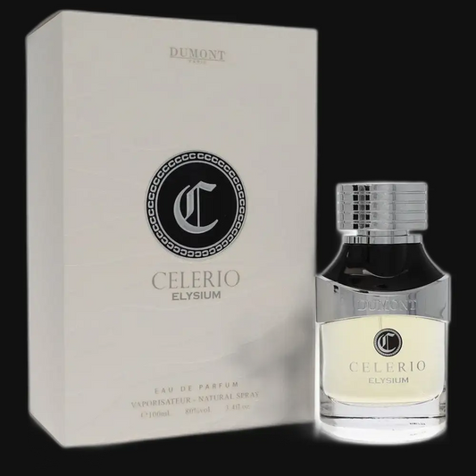 Perfume bottle with silver cap beside boxed fragrance, Celerio Elysium label