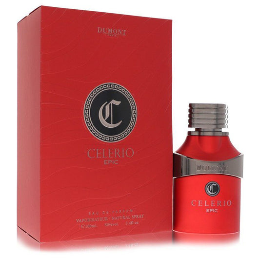 Dumont Paris Celerio Epic eau de parfum spray, red glass bottle with silver cap