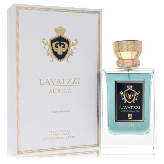 Aurica extrait de parfum spray bottle with matching product box, blue glass.