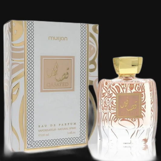 Murjan Qasayed Eau de Parfum set: clear glass bottle with gold cap and matching box