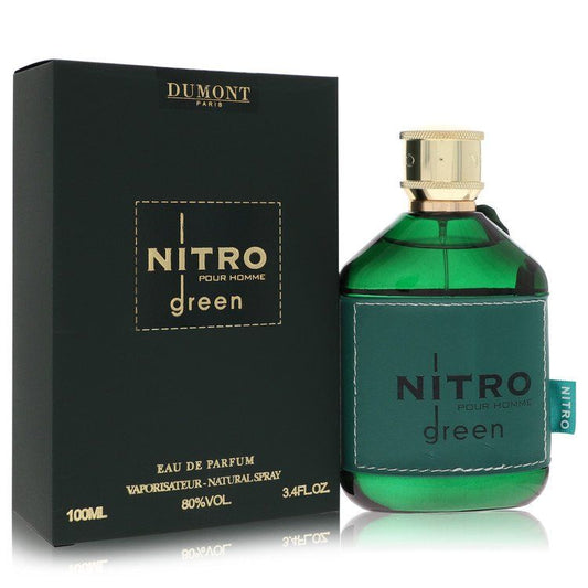 Nitro Green eau de parfum spray bottle with dark green glass, label, and gold cap