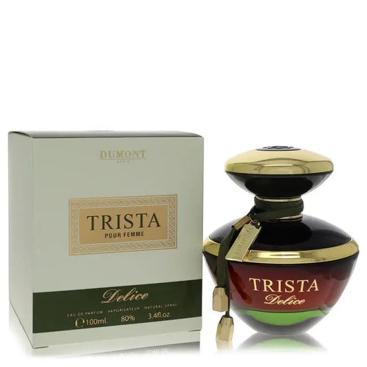 Dumont Trista Delice women's perfume set: cream box and dark bottle with gold cap, front view