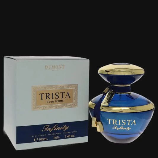 Women's perfume bottle with blue glass and gold cap, TRISTA Infinity label