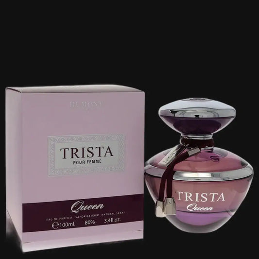 Trista Queen women’s perfume bottle with purple liquid and matching box, silver cap.