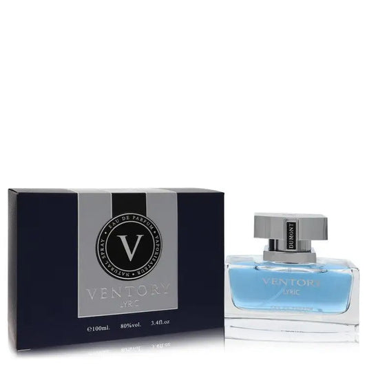 Women’s Eau de Parfum bottle in box, blue glass with metallic cap and Ventory label