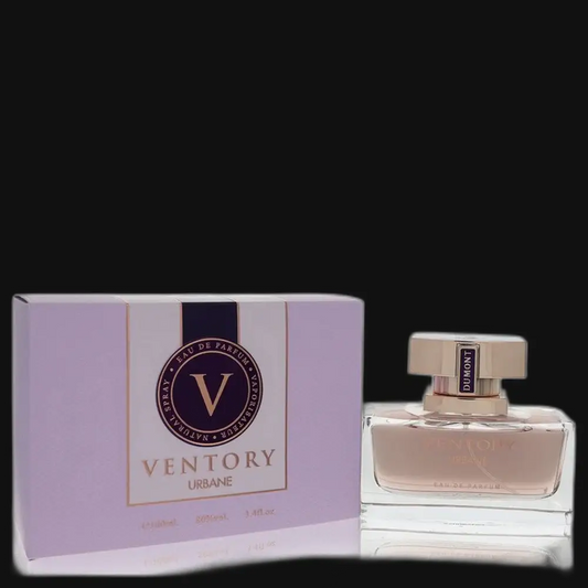 Dumont Ventory Urbane perfume set: glass bottle with pink liquid and purple box