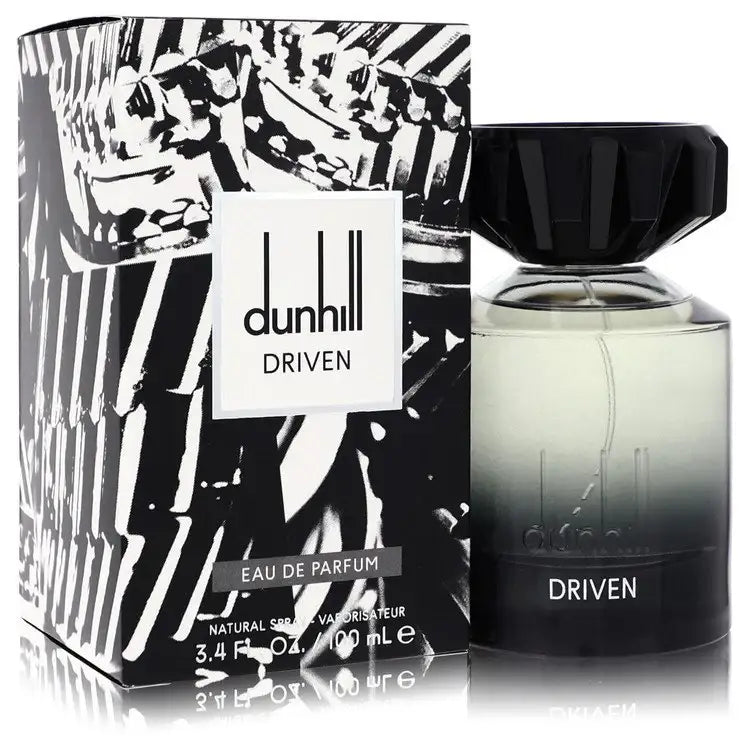 Eau de parfum cologne bottle with black cap, shown with patterned gift box