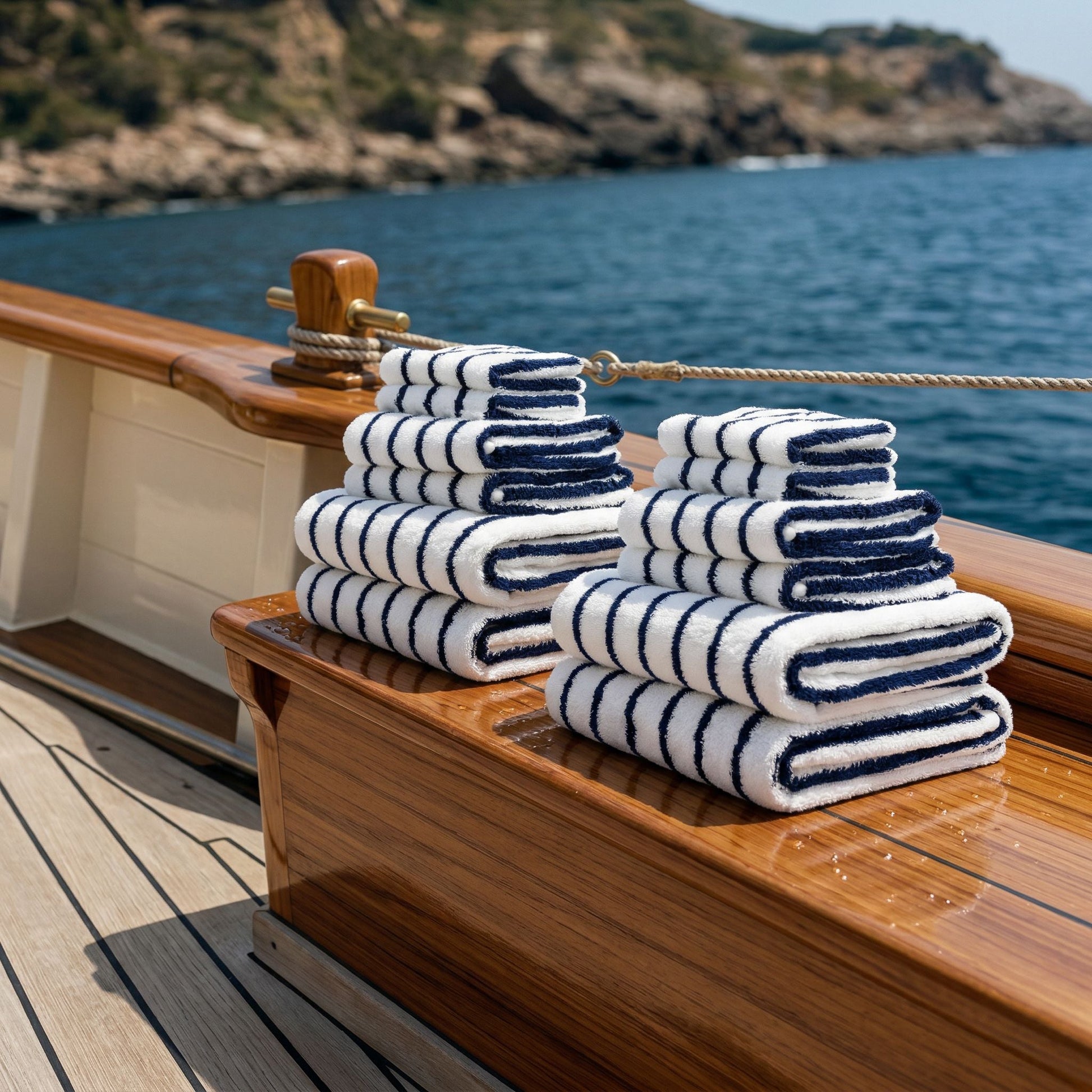 Blue-and-white striped cotton towels, stacked on a wooden boat deck