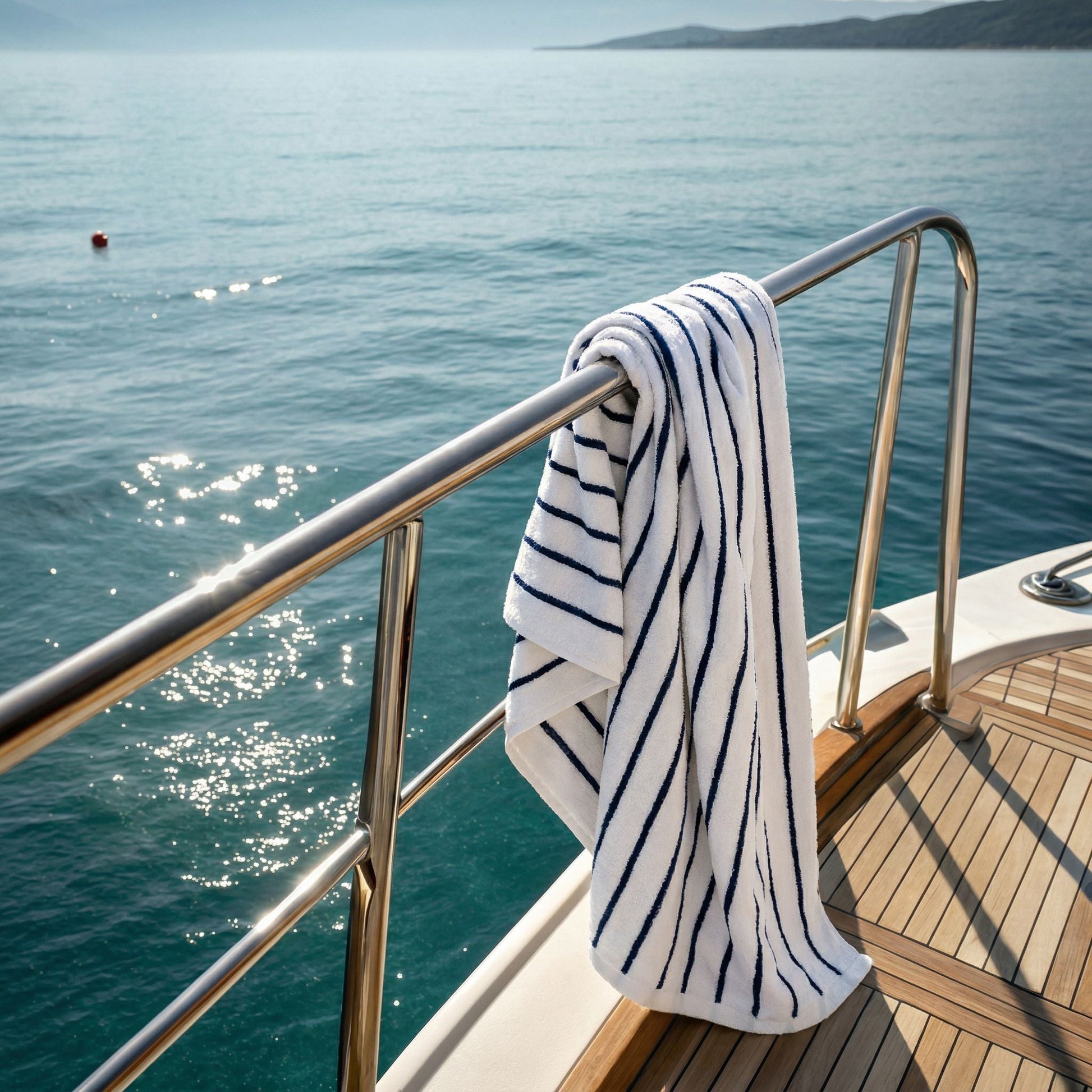 Blue-and-white striped cotton towel, draped over a boat railing