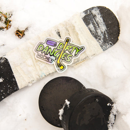 Hockey sticker with neon logo and purple-green accents on light surface