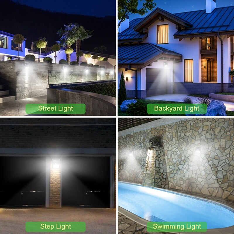 Outdoor solar LED wall lamp casting bright white light from mounted fixtures at night