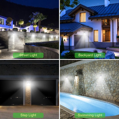 Outdoor solar LED wall lamp casting bright white light from mounted fixtures at night