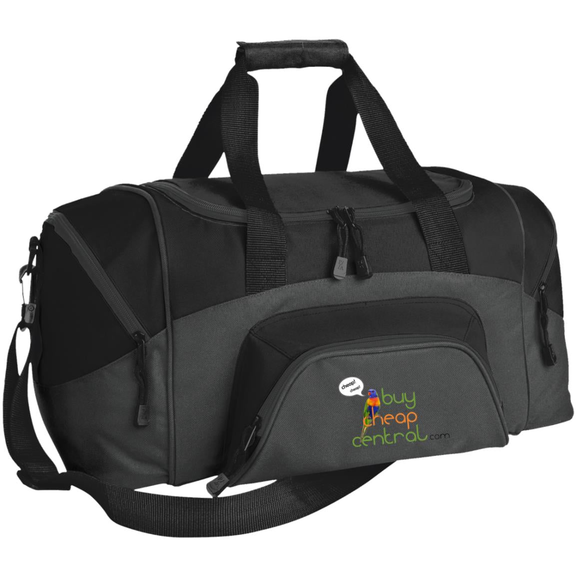 Small colorblock sport duffel bag in dark charcoal and black, with top handles and side zipper