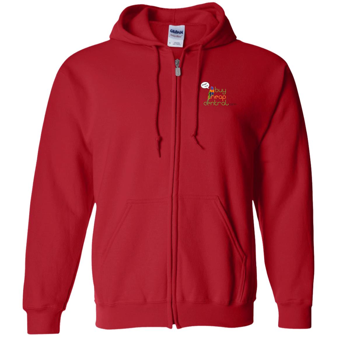 Red zip-up hooded sweatshirt with drawstring hood and full front zipper.