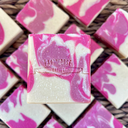 Hot Southern Mess soap bar, pink and cream swirled with sparkly surface finish