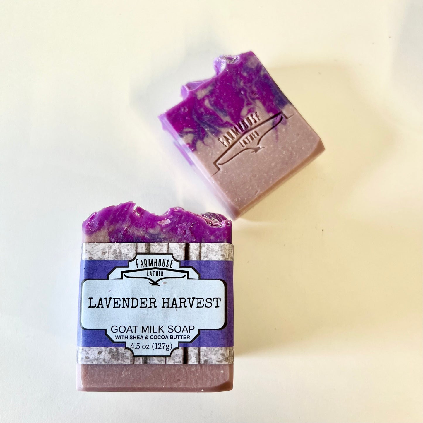 Lavender Harvest purple goat milk soap bar with printed label
