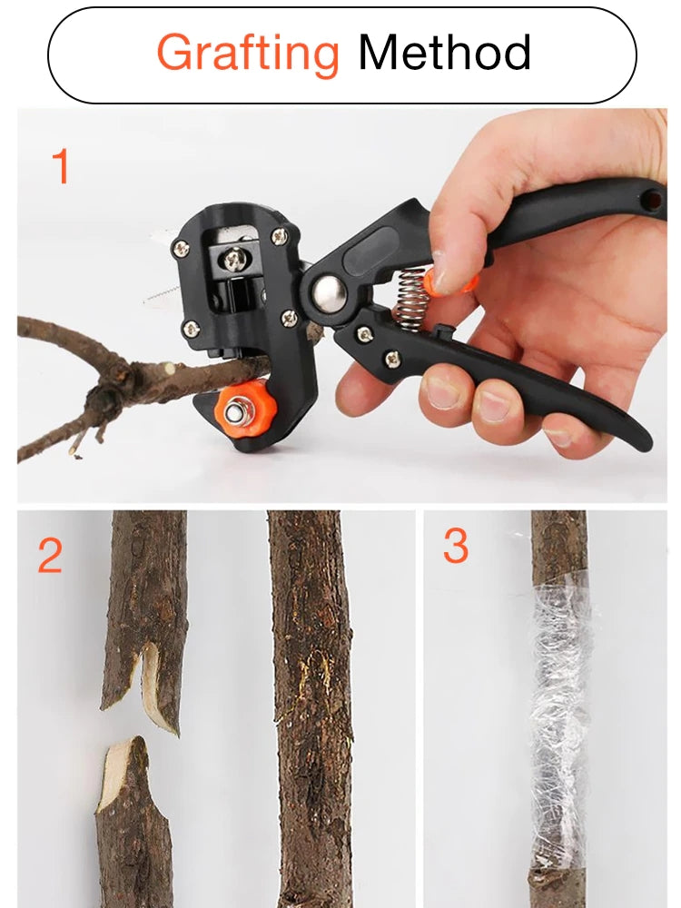 Black grafting pruning shear tool with orange wheel, spring, and clamp lever