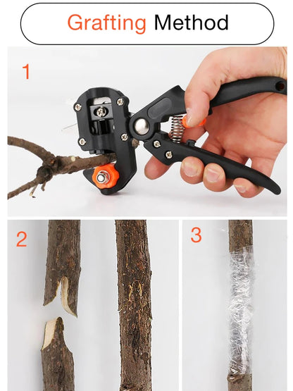Black grafting pruning shear tool with orange wheel, spring, and clamp lever