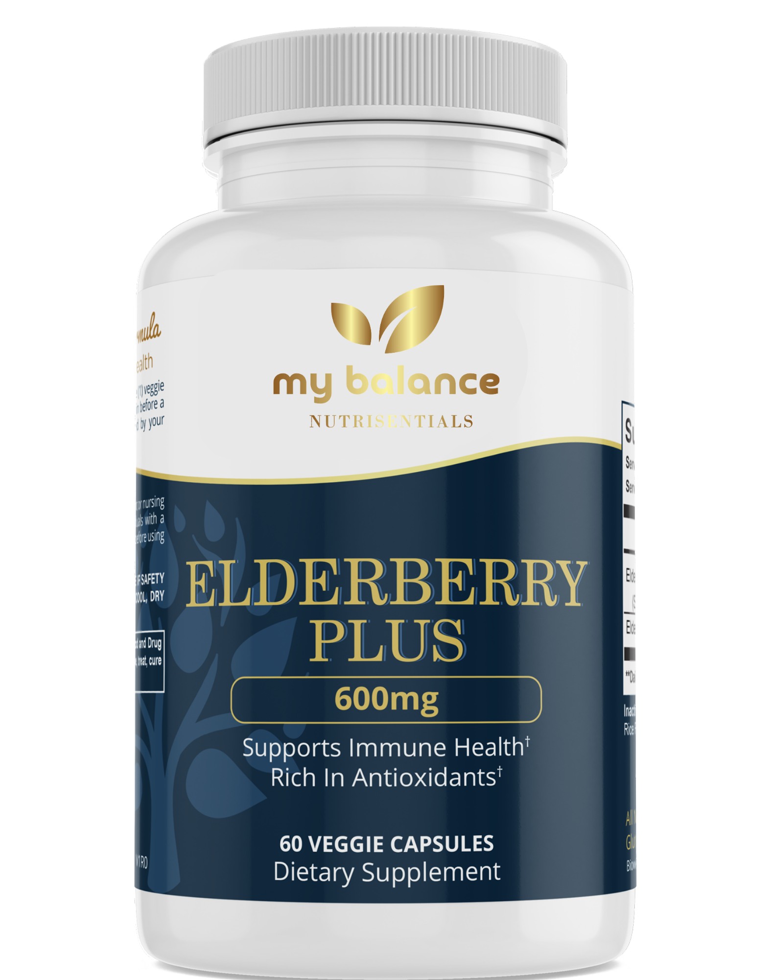 Elderberry plus dietary supplement bottle, my balance, white with blue label