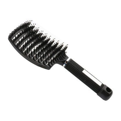 Black massage hair comb with textured grip handle and dense mixed bristles