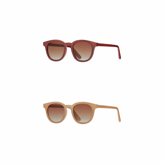 Polarized sunglasses set with maroon and tan frames, dark lenses