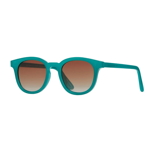 Polarized sunglasses with teal frames and brown lenses, side profile view