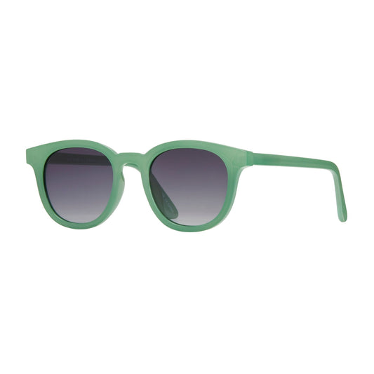 Green frame sunglasses with dark lenses, oval shape and straight temple arms
