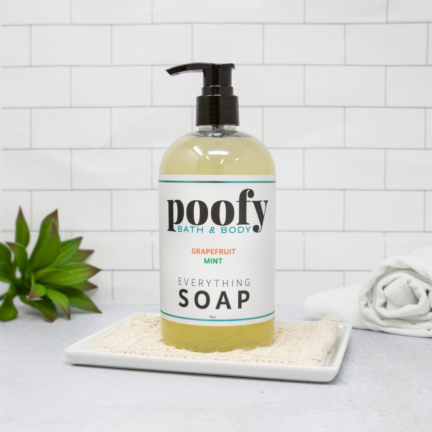 Soap bottle with pump, Poof Bath & Body grapefruit mint everything label